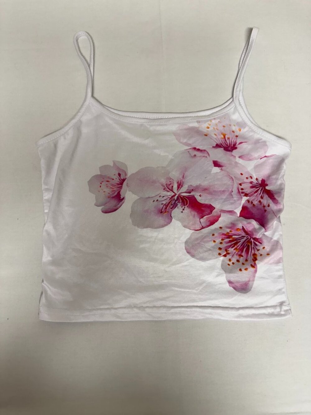 Y2K White Floral Cami Tank Top Pink Cherry Blossom Print Size Small